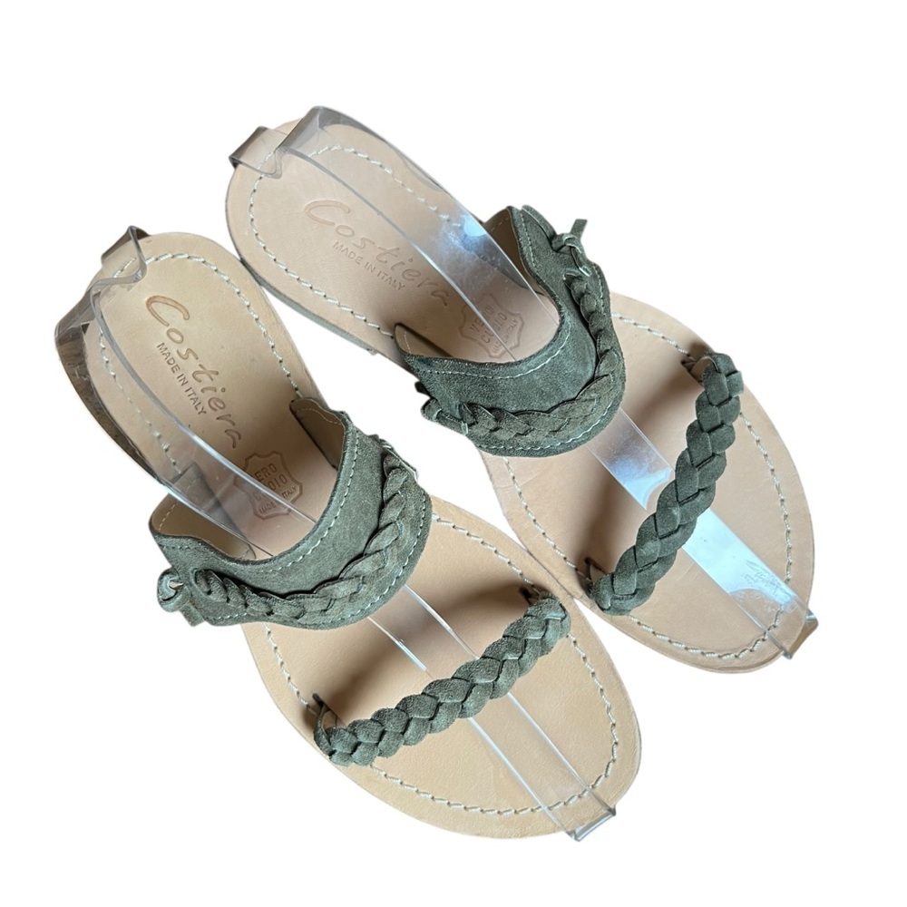 Costiera MADE IN ITALY Leather Sandals Green Suede Braided Flat Sz 37 (6.5-7 US) - Picture 6 of 10